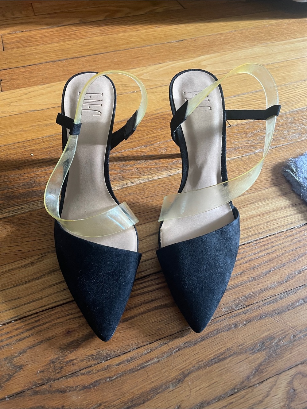 INC International Concepts Black Pointed Toe Heels with Iridescent Straps